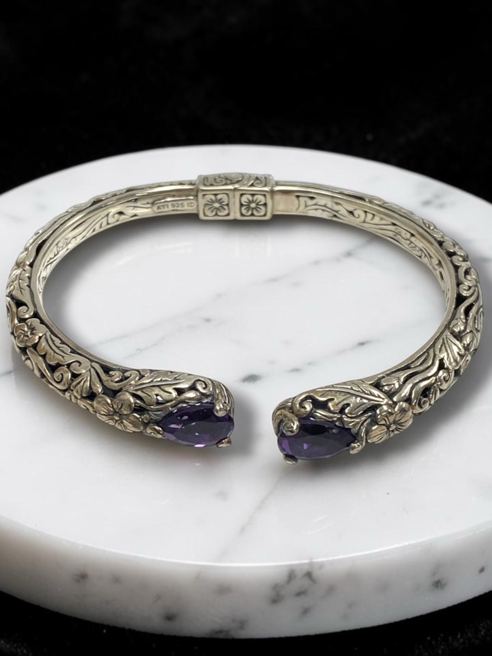Estate Embossed Sterling Silver 925 Amethyst Cuff Hinged Bangle Bracelet! - Picture 6 of 16